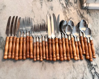 Vintage Wood Handle Flatware 26 Piece Vintage Stainless Steel Bamboo Tawaiin Style Steaknives Mid Century Modern MCM Bamboo Cutlery Set