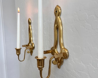 1 or 2 Vintage Solid Brass Candlestick Wall Sconces, Mid Century Modernist, Hanging Candle Holder, Gold Sconce, Candle Snuffer Ledge Soft