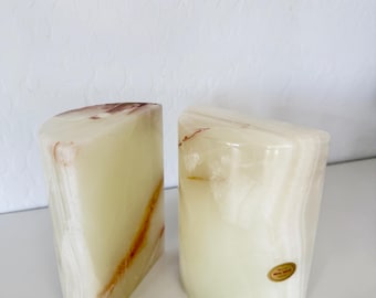 Vintage Onyx Stone Bookends Cream Brown Earthy Stone Marbled Book End Stone Veined Shelf Home Decor Mid Century Modern MCM Heavy Set 2
