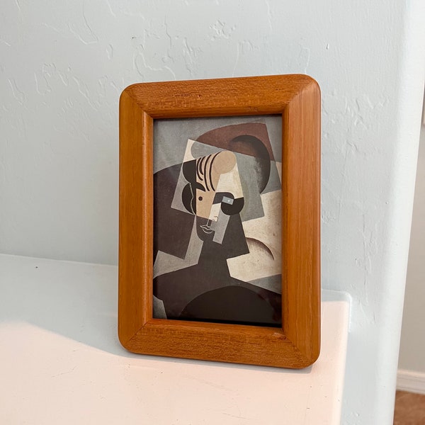 Vintage Teak Wood Frame 4x6 Mid Century Rounded Soft Warm Wooden Desk Wall Art Small Frame with Stand MCM, Modernist Cubism Gris Art