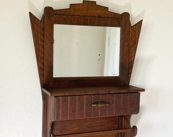 Hold - Antique Mirror Shelf with Drawer Wall Hanging Bathroom Bedroom Entryway Primitive Old World Shelf Vanity Shaving Mirror Shelf Vintage
