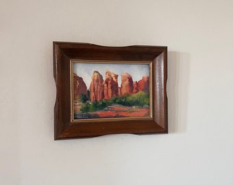 Pintura al óleo original del paisaje del desierto, Julie Frye firmada, marco de madera de obra de arte original, colores cálidos de tono tierra, marco de madera maciza festoneada