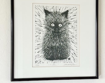 Vintage "Kitten" Original Woodblock Cat Art, Artist Signed Framed Wall Artwork Modernist Black White MCM Frame Small Vintage Framed Art