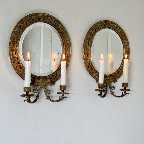 1940's Vintage Mirror Candle Sconces Pair, Vintage Brass Mirror Candle Sconce Pair, Floral Gilt Wall Sconces, Italian Floral Brass Gold