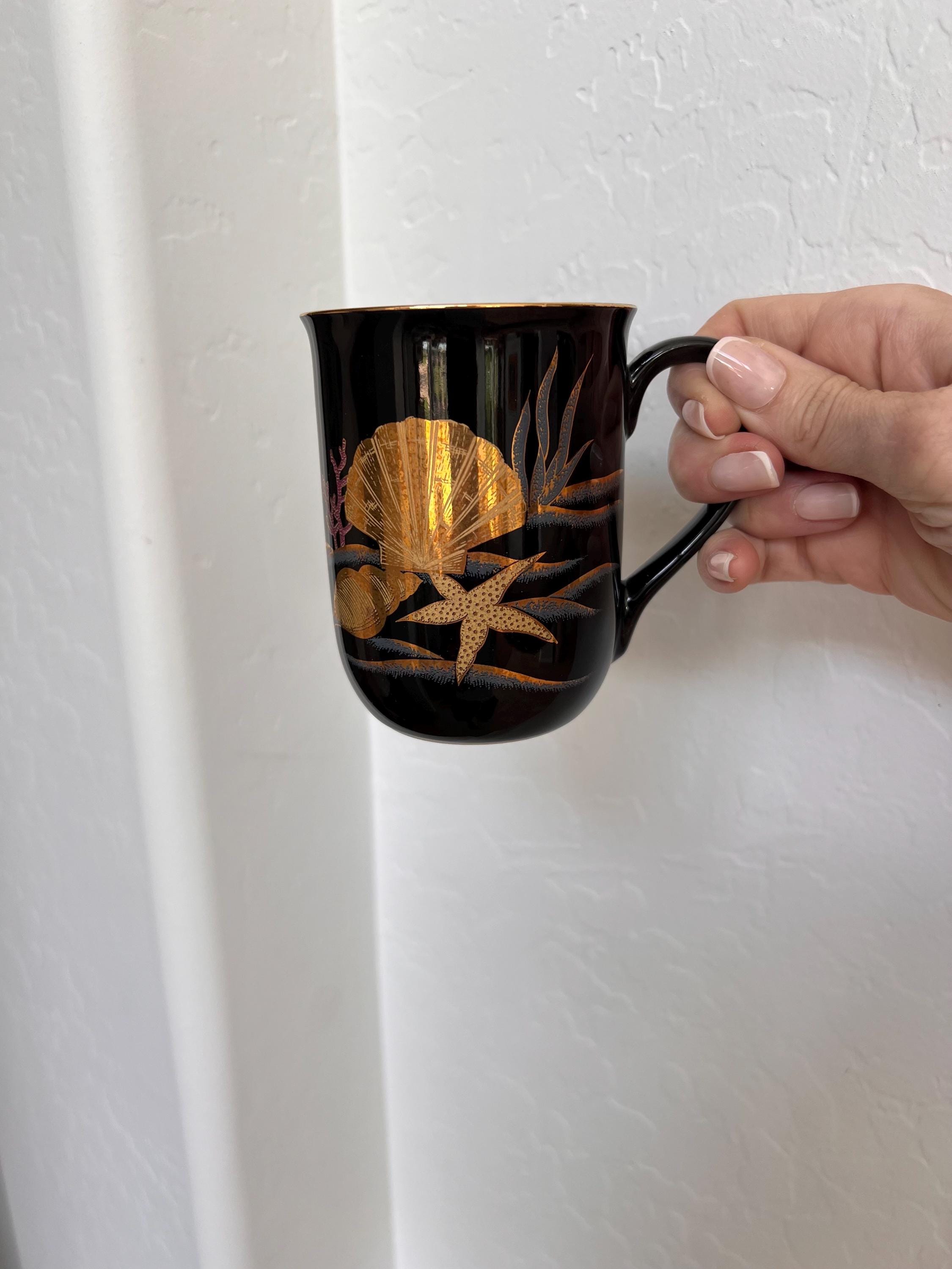 Vintage Otagiri Seashell Mug Japan Ceramic Coffee, Black Gold Gift Tea Coffee Modernist MCM 1980s Sea Ocean Mug Vintage Sold Individually