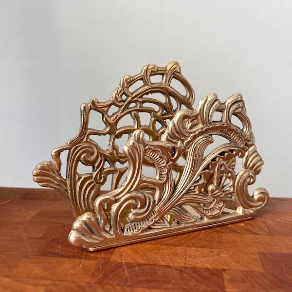 Vintage Solid Brass Napkin Holder or Letter Holder Art Nouveau Butterfly Floral Metal Gold Tablescape French Provencial Kitchen Home Decor