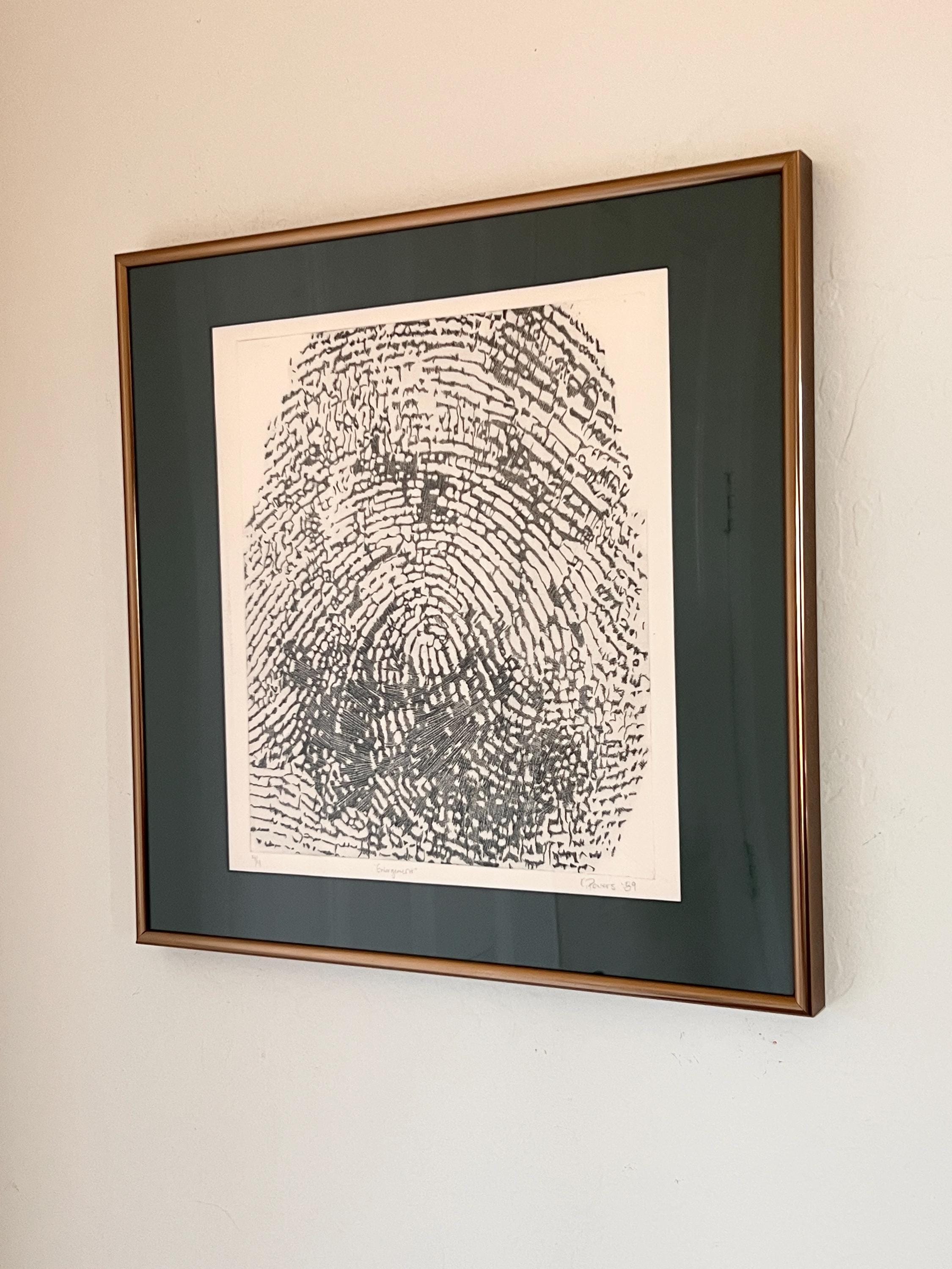 Vintage 1989 Fingerprint Original Etching Artist Signed Vintage Metal Frame Hanging Artwork Modernist MCM Dark Green Matting Square Large