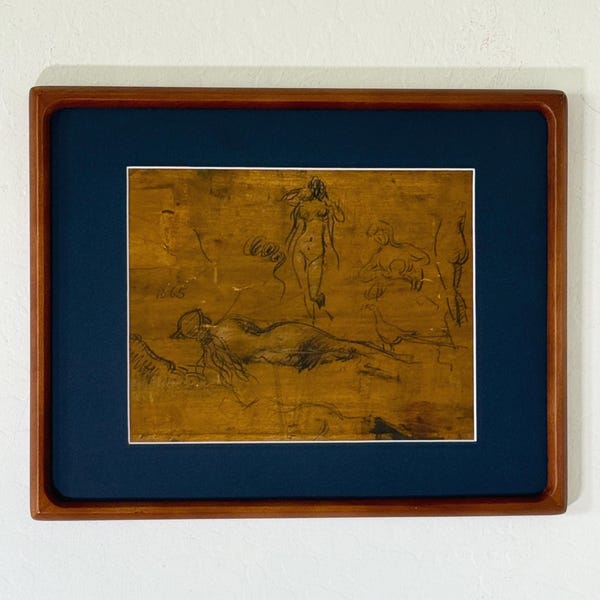 1865 „Fillette Au Ruban Bleu“, französischer abstrakter figurativer Kunstkünstler Jean-Jacques Henner, Kunstdruck, gerahmt in dunkelblauem Teakholz
