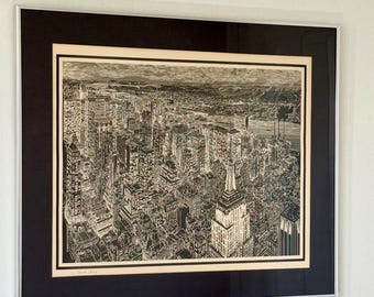 Vintage NY Signed Lithograph by Paul Gray Aerial View of Manhattan Urban Landscape Vintage Metal Frame Modernist New York Framed Art Large