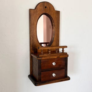 Vintage Wood Wall Hanging Mirror Shelf with 2 Drawers Shelf Cabinet Wall Shelf  Bathroom Bedroom Kitchen Floating Warm Wood Home Decor