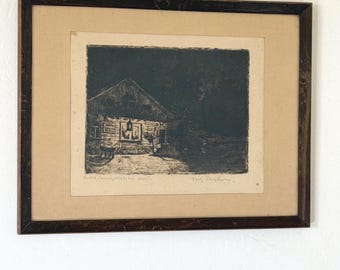 Grabado antiguo original alemán de la década de 1920, firmado por el artista, escena de un antiguo pueblo a orillas del Rin, firmado, enmarcado en un antiguo marco de madera.