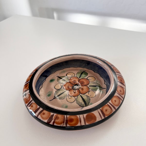 Vintage Tonala Jewelry or Trinket Dish Signed Mexico Pottery Earthtone Flowers Tonala Stoneware Beautiful Quality Pottery MX Saucer Dish