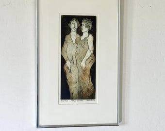 Vintage 1990 Modernist Etching Artist Helga Ármanns Original Intaglio Etching Figures Portrait Art Vintage Silver Chrome Frame Abstract Art
