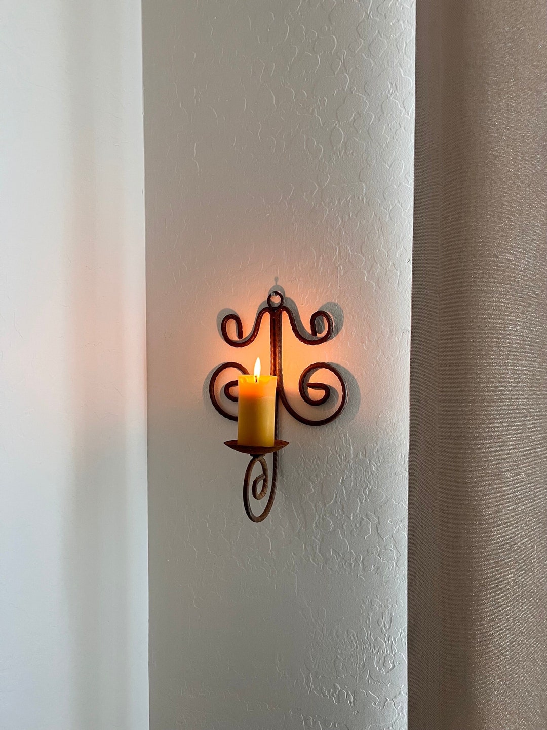 Old Primitive Iron Wall Sconce, Wall Hanging Pillar Candle Holder