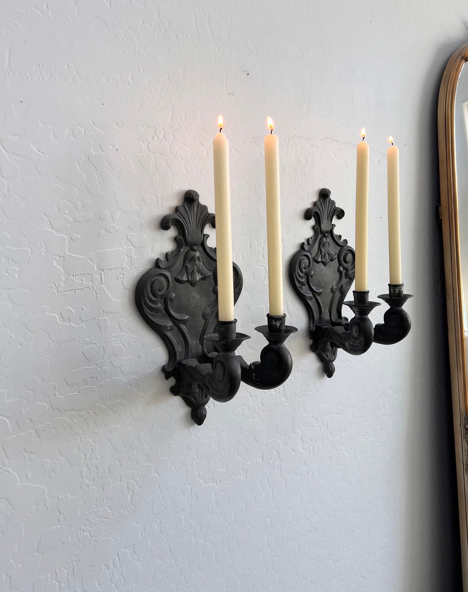 Vintage Pewter Candle Sconces, Double Wall Sconce Candlestick