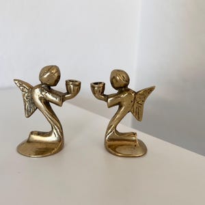 Set of 2 Vintage Solid Brass Mini Angel Candle Holders, Brass Small Taper Standing Candle Holders Holiday Mid Century Era Modern Angels