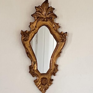 Vintage Italian Florentia Accent Mirror Gilded Gold Wall Hanging Decor Mirror, Gold Delicate Ornate Scrolled Frame Italy Medium Floral MCM