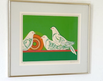 1987 Original "Portafolio Palomas" Firmado por Rafael Rivera Rosa Vintage Original Serigrafía Impresión Geométrica Gran Marco Arte de Pájaros