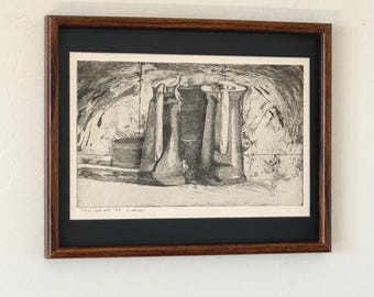 1960-talets originaletsning "Still Life #5" av S. Nelson i vintageram, svart passepartout, väggkonstverk, modernistisk MCM-etsning, MCM kökskanna