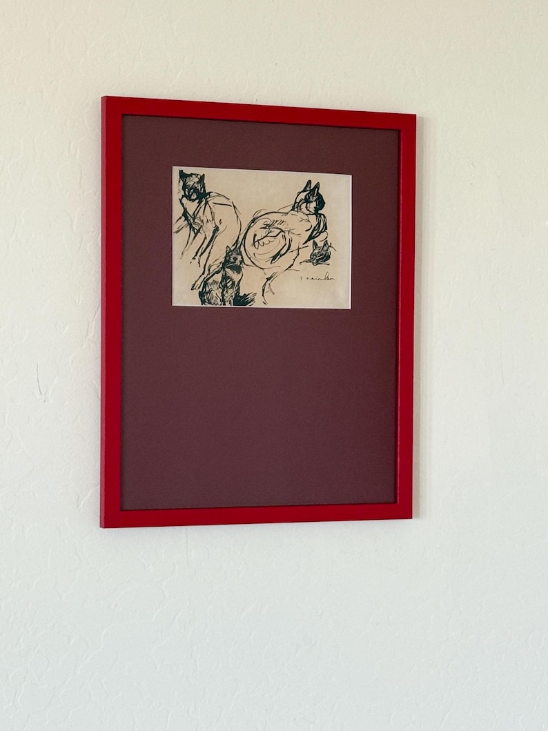 Early 1900s Cats Framed Fine Giclee Print in Monochrome Red Frame Custom Burgundy Mat Still Life Illustration Cat Art Wall Sketch