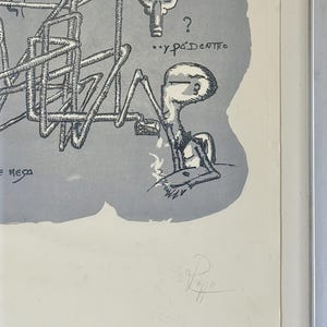K&ouml;nnte beinhalten: Eine schwarz-wei&szlig;e Tuschezeichnung auf grauem Hintergrund mit einer stilisierten Figur, komplexen geometrischen Linienstrukturen sowie dem Text "E MESA" und "...Y PA DENTRO" mit einem Fragezeichen. Unten rechts befindet sich eine Signatur.