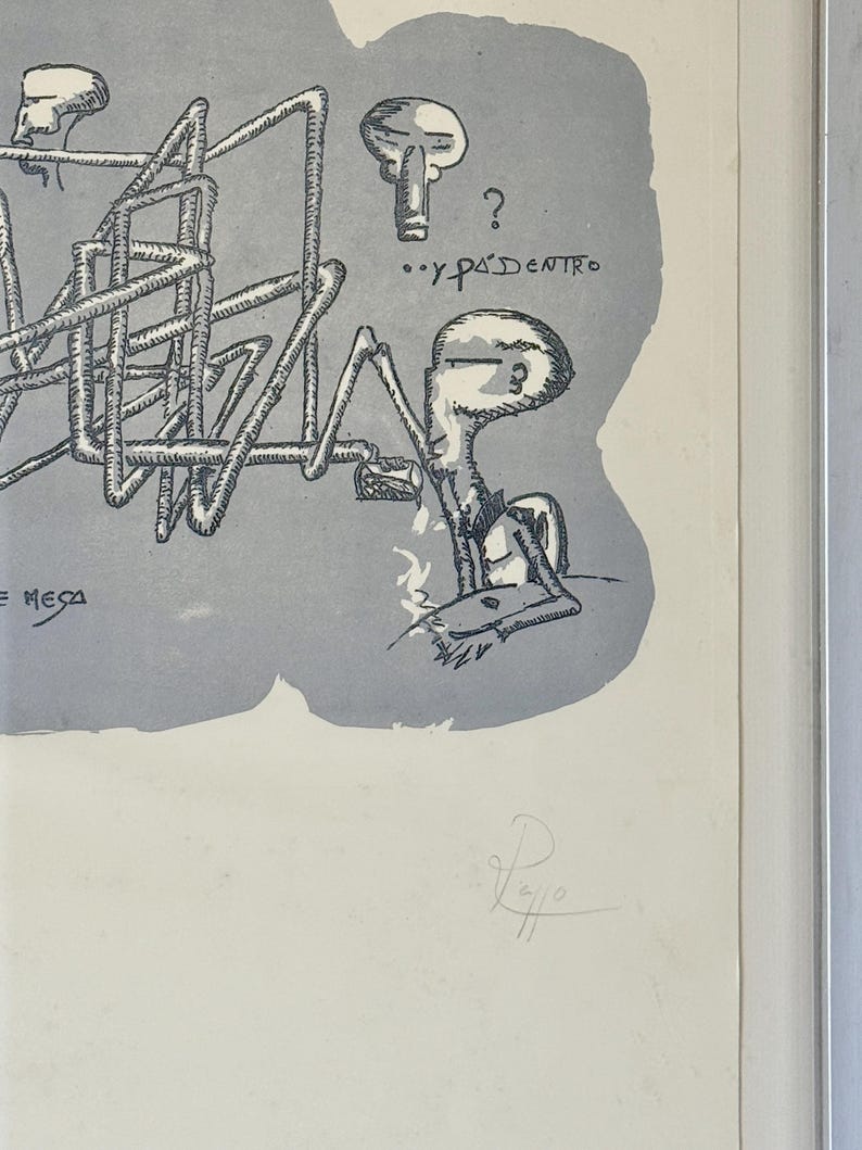 K&ouml;nnte beinhalten: Eine schwarz-wei&szlig;e Tuschezeichnung auf grauem Hintergrund mit einer stilisierten Figur, komplexen geometrischen Linienstrukturen sowie dem Text "E MESA" und "...Y PA DENTRO" mit einem Fragezeichen. Unten rechts befindet sich eine Signatur.