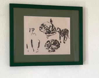 Early 1900's "Study of Dogs" by Rik Wouters Dark Green Frame Monochrome Custom Green Art Mat Giclee Fine Art Print Dog Illustration Drawing