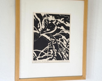 Vintage 1974 "Magpie Lark" Original Woodblock Artist Signed Framed Wall Artwork Modernist Minimal MCM Frame B&W Large Bird Art Mid Century
