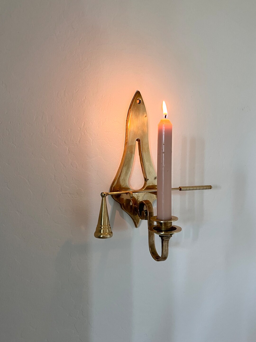 Vintage Solid Brass Candlestick Wall Sconce With Candle Snuffer, Mid