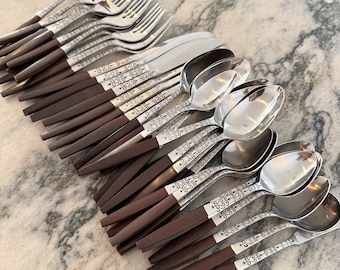 Vintage Set 46 Interpur Japan Stainless Flatware Set Mid Century Modernist Kitchen Cutlery Vintage MCM Kitchen Silverware Wood Enamel