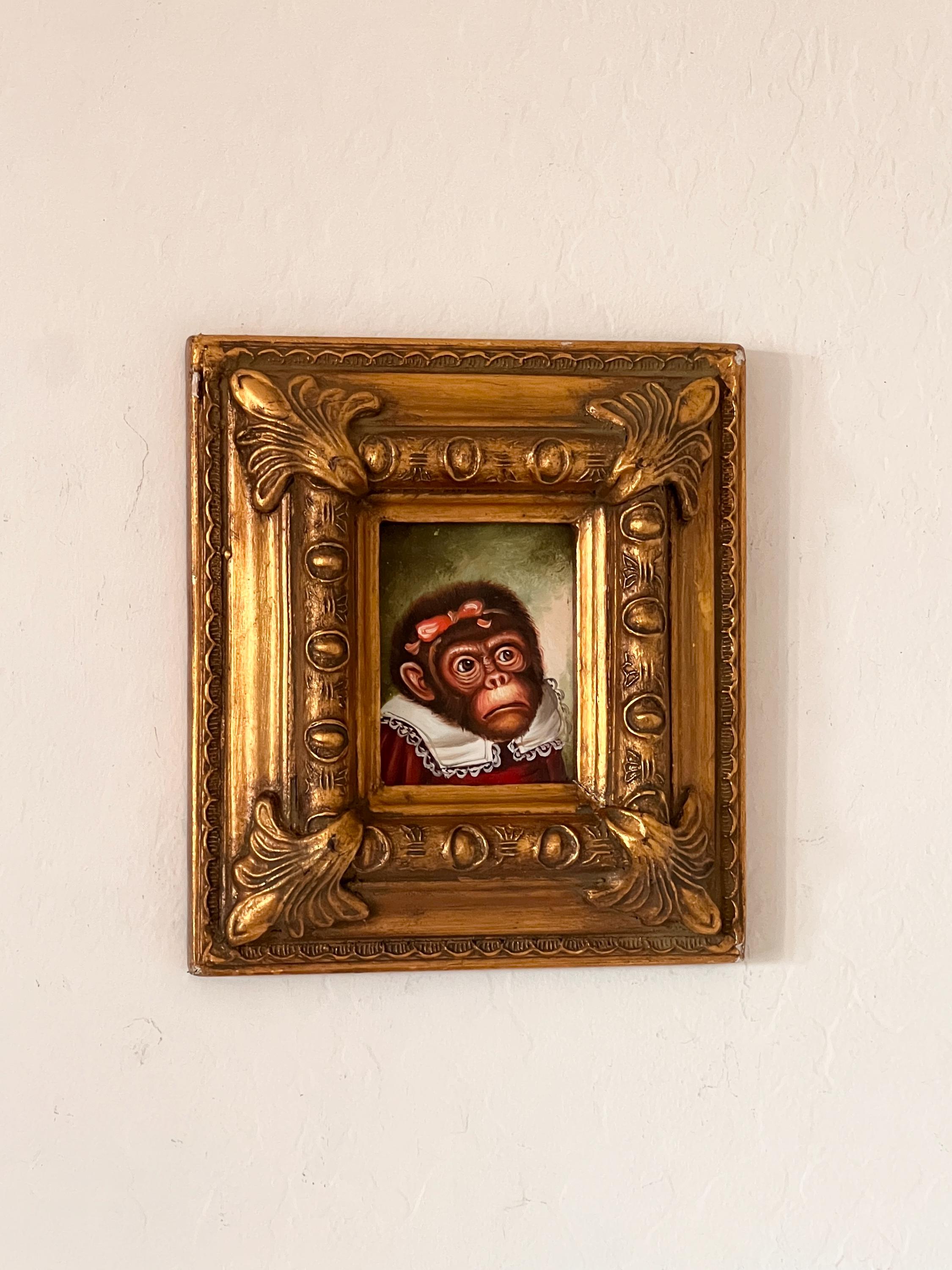 Vintage Mini Chunky Giltwood Frame Oil Miniature Painting on