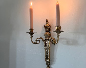 Antique French Solid Brass Candelabra Sconce, Tassel Bow Double Candle Wall Hanging Sconce Candlestick Standard Taper Holders, Parisian Home