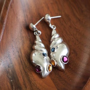 Vintage Sterling Silver Shell Swirl Stone Drop Earrings, Modernist Real Silver, Mid Century Modern Jewelry MCM Drop Swirl Abstract Dangle