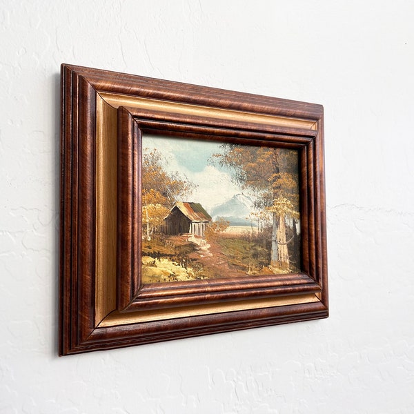 Vintage Landscape Oil Painting Cabin Woods, Original Artwork Wood Frame, Gold Detail, Warm Earthtone Colors, Trees Autumn Landscape Painting