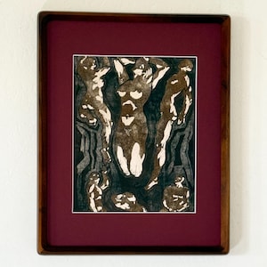 1906 « Six figures humaines » Estampe giclée d'art abstrait néerlandais par Reijer Stolk. Cadre en bois moderniste avec passe-partout bordeaux sur mesure.
