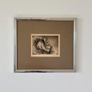 Vintage Original “Bunny” Etching Artist Signed Silver Framed Mid-Century Black Modernist Animal Original Art Silver Metal Frame Small
