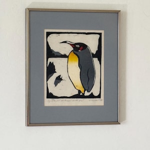 Vintage 1977 Original Colored Penguin Woodcut Artist Signed G. Wussow Silver Frame MCM Mid Century Small Bird Penguin Art Linocut Art