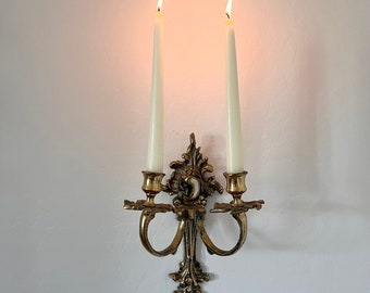 Antique Dutch Solid Brass, Double Wall Hanging Sconce, Candlestick Standard Taper Holder, Beautiful Statement Piece for Any Room, Heavy