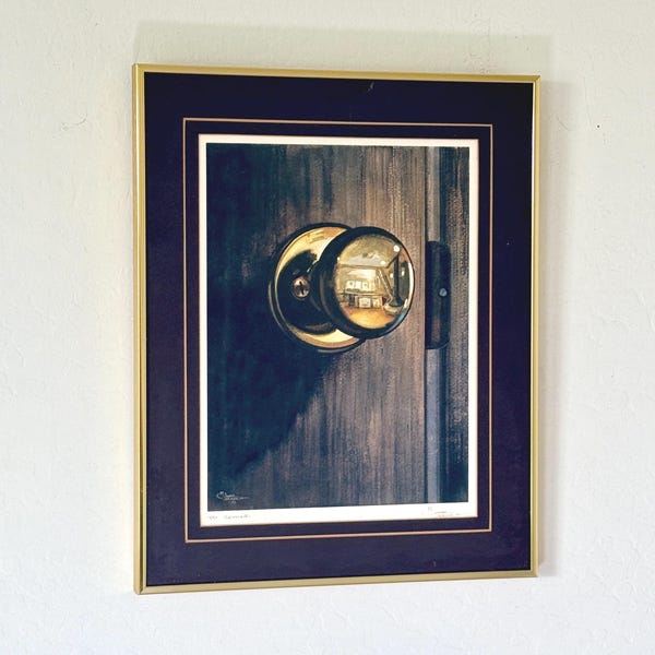 Vintage 1972 "Passages" Surrealism Signed Print by Omer Seamon Signed Print in Gold Metal Frame Pinstripe Mat Fine Art Print Surrealist