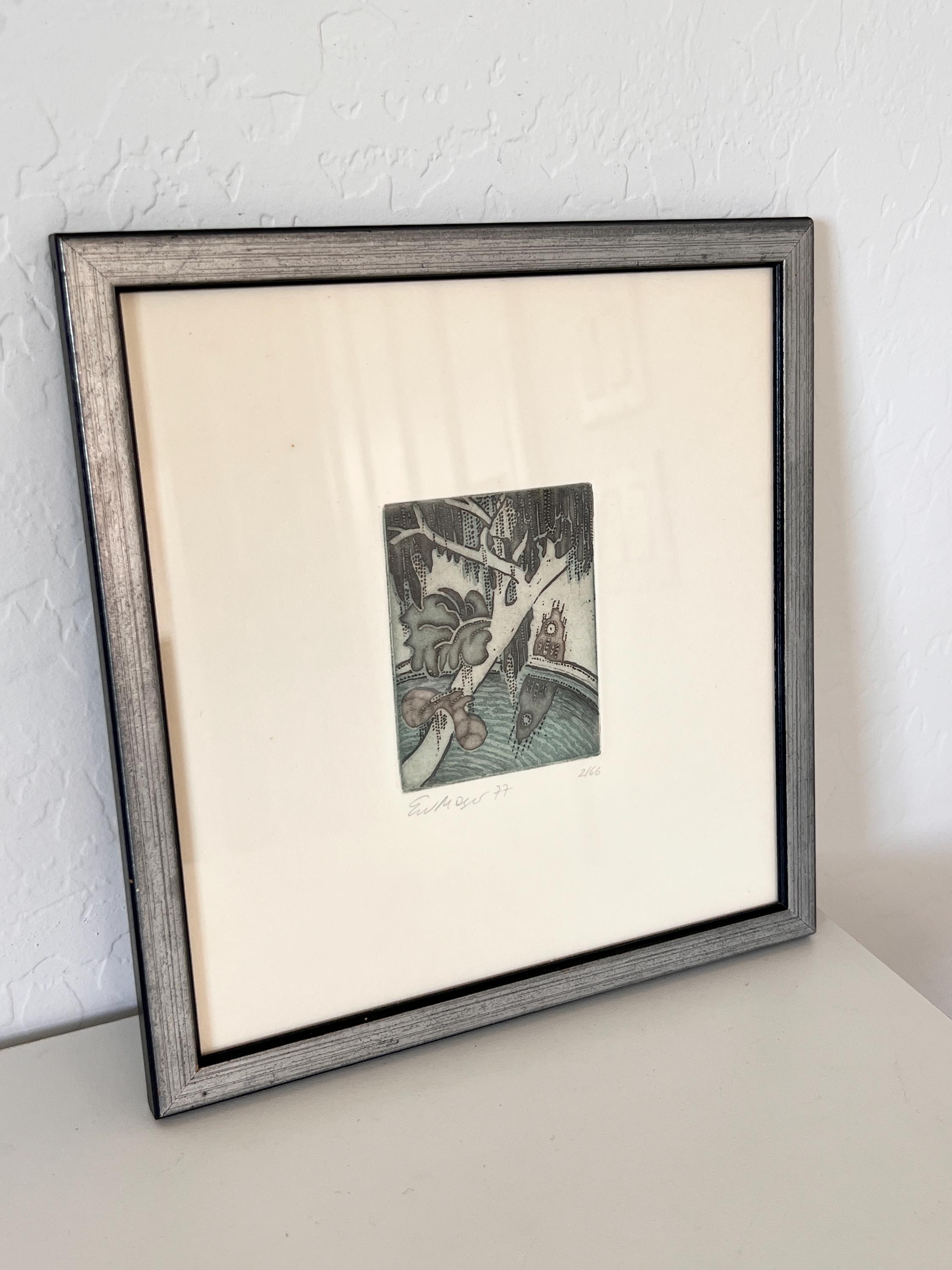 高評価レビュー Original 1977 Vintage Abstract Etching Surrealist Tree 絵画