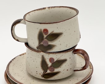 Set Vintage Otagiri Stoneware Mugs Plates Japan Soup Coffee Hand Painted Floral Berry Design Coffee Lovers, Speckled Mid Century 1970s MCM