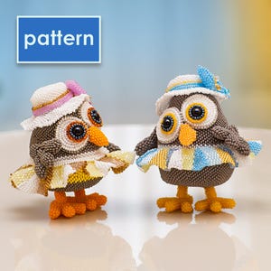 Owl in a Hat and Skirt | Beading Tutorial PDF Pattern | Geometric Peyote Stitch Master Class