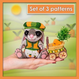 Bunny Pattern Set + Cart & Carrot | Beaded Animal + Accessories | Garden Peyote Stitch PDF Pattern Bundle