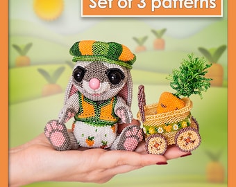 Bunny Pattern Set + Cart & Carrot | Beaded Animal + Accessories | Garden Peyote Stitch PDF Pattern Bundle