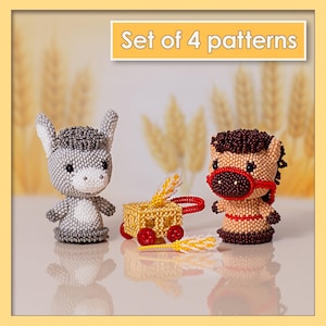 Farm Animal Pattern Set | Beaded Donkey Horse Wagon Tutorial | Peyote Stitch PDF | Seed Bead Collection