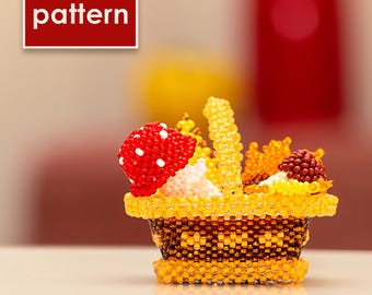 Beaded Basket with Mushrooms and Leaves PDF Pattern | Detailed Peyote Stitch Tutorial | Beadwork DIY