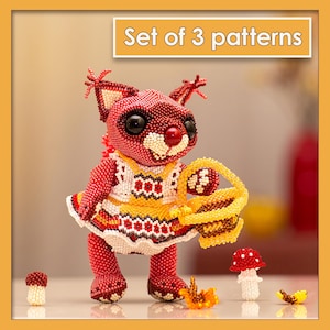 Set met kralenpatroon eekhoorn pdf | Peyote-steektutorials met jurk en paddenstoelenmand