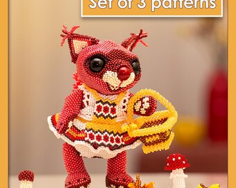 Beaded Squirrel Pattern Set PDF | Peyote Stitch Tutorials with Dress & Mushroom Basket