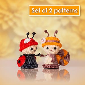 May include: Two beaded insect figures, a ladybug and a snail, are featured. The ladybug wears a red hat with white spots and a black dress. The snail has an orange hat and a striped shell. The text "Set of 2 patterns" is at the top.