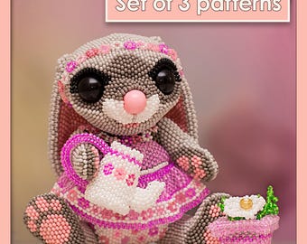 Geometric Peyote Stitch Bunny Pattern Set | Dress, Teapot & Flowerpot PDF Tutorials